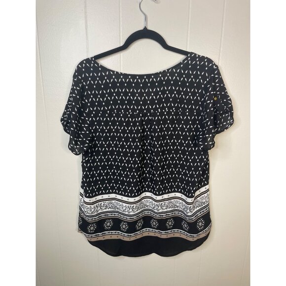 Larry Levine Womens Bohemian Style Black & White Patterned Short Sleeve Blouse L - Picture 2 of 4